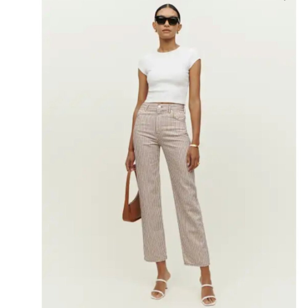 Reformation High-Rise Striped Beige and White Jeans